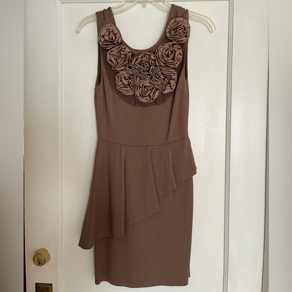 MM Couture Taupe Rosette Peplum Dress